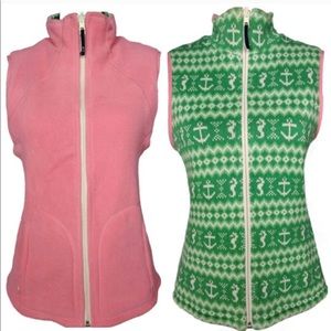 Vineyard Vines Reversible Pink  Green Fleece & Cotton Vest Seahorse Knit S